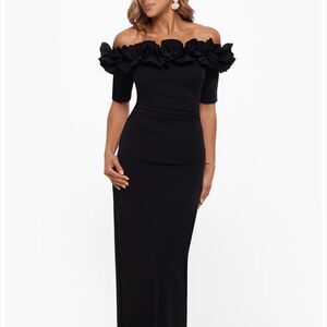 XSCAPE ISLA LONG SCUBA CREPE OFF THE SHOULDER RUFFLE TOP DRESS NWT size 16 black